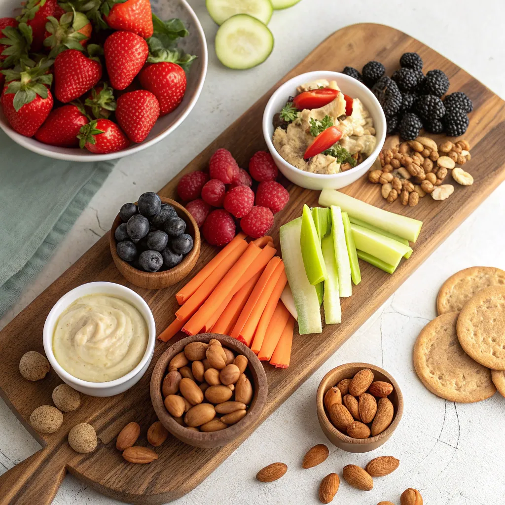 A variety of healthy snacks displayed on a wooden board